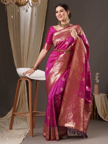 SAREEMALL Women's Silk Blend Magenta WovenDesign DesignerSaree With Blouse Piece
