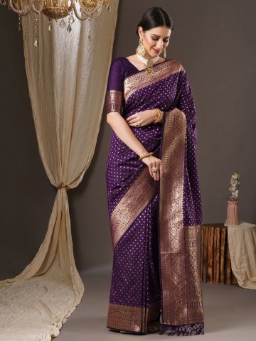 SAREEMALL Women's Silk Blend Purple WovenDesign DesignerSaree With Blouse Piece