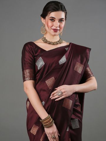 SAREEMALL Women's Silk Blend Brown WovenDesign DesignerSaree With Blouse Piece
