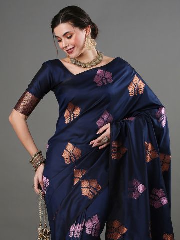 SAREEMALL Women's Silk Blend NavyBlue WovenDesign DesignerSaree With Blouse Piece