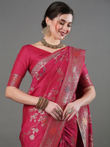 SAREE MALL Women's Silk Blend Pink Woven Design Designer Saree With Blouse Piece