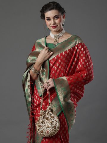 SAREEMALL Women's Silk Blend Red WovenDesign DesignerSaree With Blouse Piece