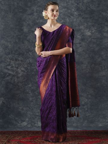 SAREE MALL Women's Silk Blend Purple Woven Design Designer Saree With Blouse Piece