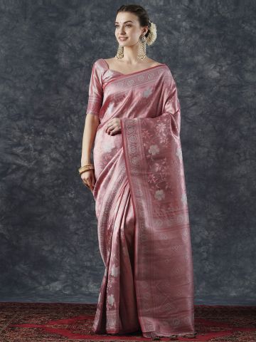 SAREE MALL Women's Silk Blend Rose Gold Woven Design Designer Saree With Blouse Piece