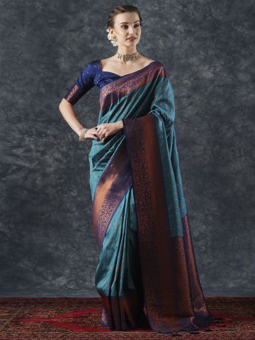 SAREE MALL Women's Silk Blend Teal blue Woven Design Designer Saree With Blouse Piece