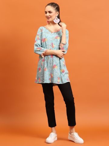 Shree Women Liva (Rayon) Blue Floral Print Tunic