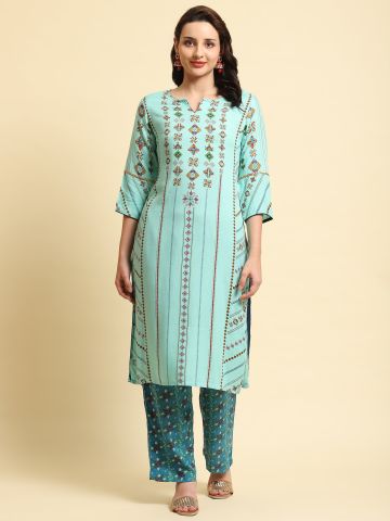 Shree Women Liva (Rayon) Blue Geometric Print Kurta With Comfort Pant