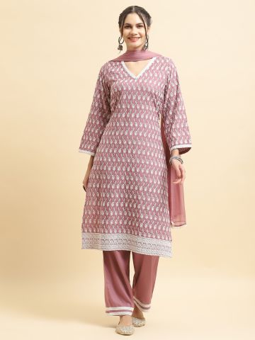 Shree Women Liva (Rayon) Lilac Embroidered Kurta Comfort Pant Dupatta