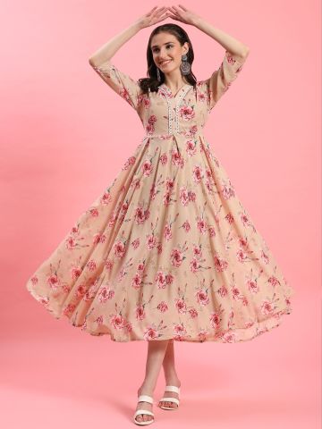 Shree Women Polyester Beige Floral Print Dress