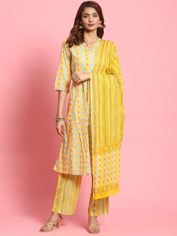 Shree Women Cotton Yellow Geometric Print Kurta Comfort Pant Dupatta