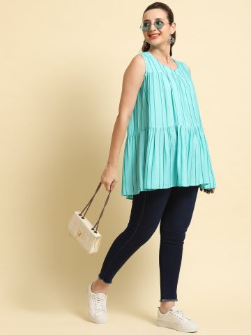 Shree Women Liva (Rayon) Blue Stripe Print Tunic