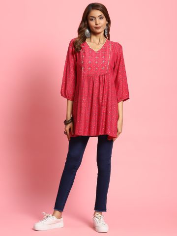 Shree Women Muslin Fuchsia Geometric Print Tunic