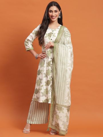 Shree Women Liva (Rayon) White Floral Print Kurta Wide Pant Dupatta