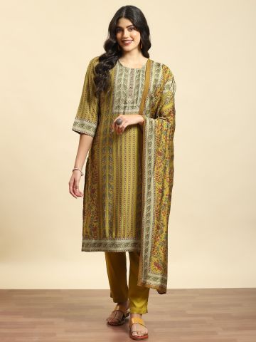 Shree Women Liva (Rayon) Olive Floral Print Kurta Trouser Dupatta