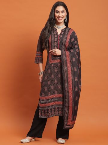 Shree Women Liva (Rayon) Black Geometric Print Kurta Comfort Pant Dupatta