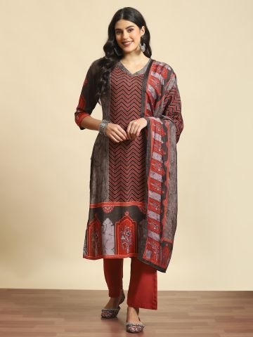 Shree Women Liva (Rayon) Maroon Geometric Print Kurta Comfort Pant Dupatta