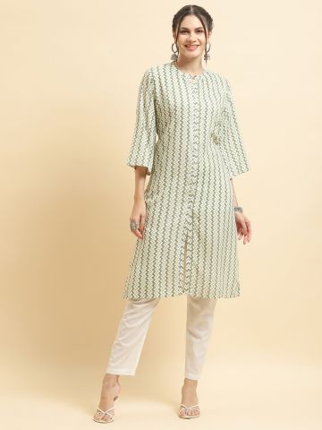 Shree Women Liva (Rayon) Green Stripe Print Kurta