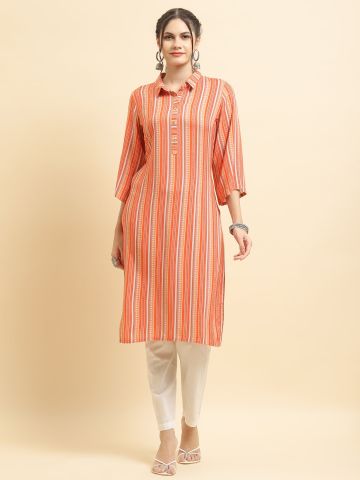 Shree Women Liva (Rayon) Peach Stripe Print Kurta