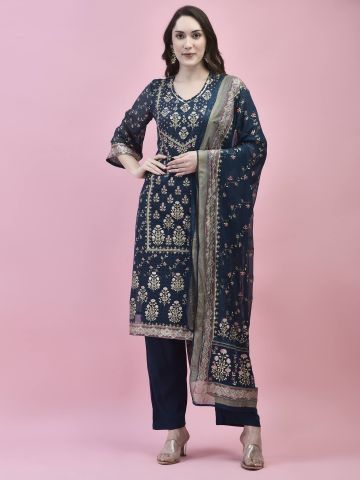 Shree Women Georgette Blue Ornamental Print Kurta Comfort Pant Dupatta