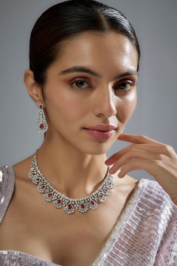 Aster,White Finish Zircon & Red Stone Necklace Set