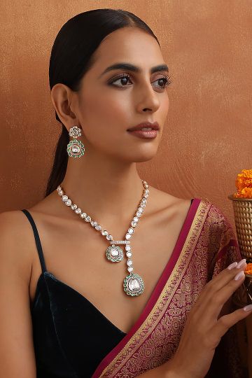 Swabhimann Jewellery,Rose Gold Finish Kundan Polki & Green Stone Handmade Long Necklace Set