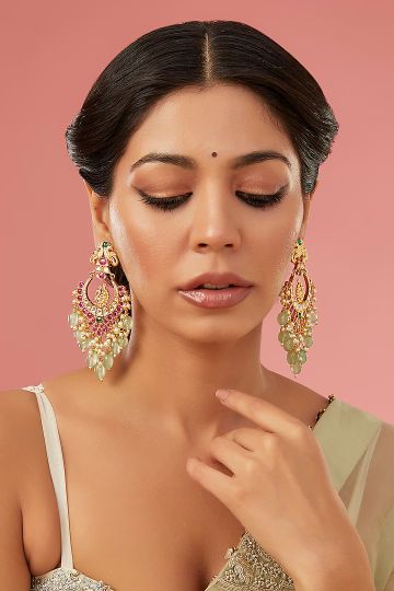 Auraa Trends,Gold Finish Kundan Polki & Red Carved Stone Chandbali Earrings