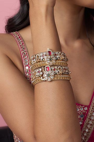 VASTRAA Jewellery,Gold Finish Kundan Polki & Multi-Colored Stone Temple Bangles (Set Of 2)