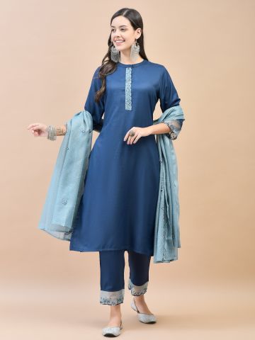 Shree Women Viscose Navy Blue Embroidered Kurta Trouser Dupatta
