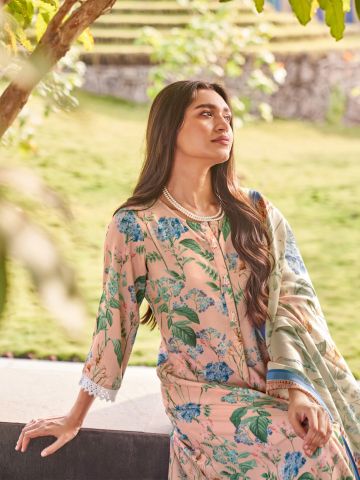 Shree Women Liva (Rayon) Peach Tropical Print Kurta Comfort Pant Dupatta