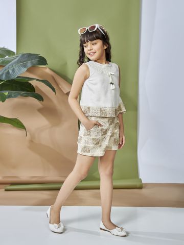 Peppermint Girls Beige Design Net Short with Top