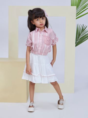 Peppermint Girls Peach Stripes Skirt with Top & Hairclip - 1-2Y