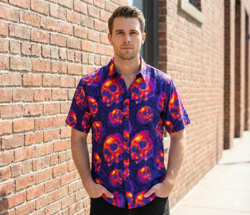 Neon Pink & Orange Skull Waves Woven Button-Up MEN'S SHIRT