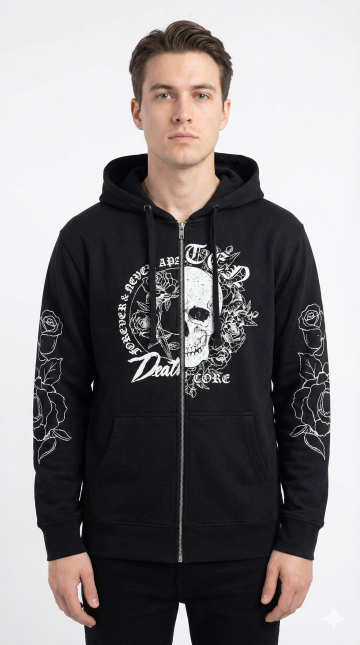 "Forever & Never" Skull & Rose Zip-Up Men's  Hoodie - Black