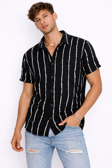 Men Black Vertical Stripe Short Sleeve Shirt
