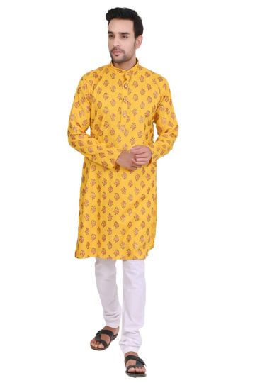 Men's Printed Long Sleeve Kurta with Pyjama - Yellow