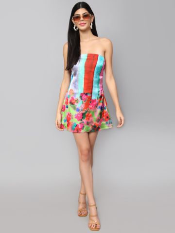 Multi Floral Printed Satin Off-Shoulder Tube Dress