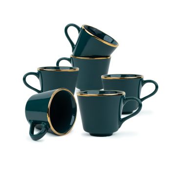 Ceramic Tea Cup Set, Set of 6, Teal Green with Real Gold Line | Goldline Collection