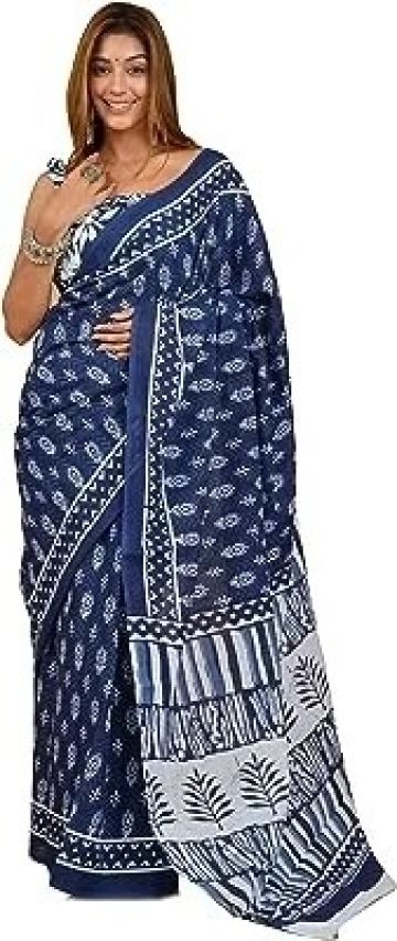 Women's Hand Block Printed Cotton Mulmul Saree With Blouse Piece_ SH-1256