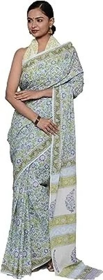 Hand Block Printed Cotton Mulmul Sarees for Women Attached Blouse Piece | Bagru Print Ajrak Print Cotton Saree for Women 1409