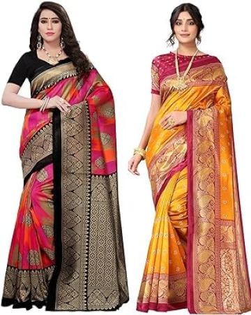 Women'S Poly Silk Saree Combo Pack Of 2 With Unstitched Blouse Piece