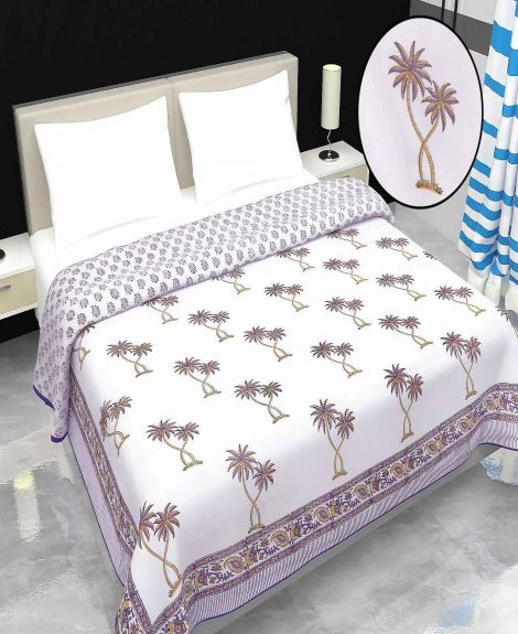 Jaipur Dohar Orange Purple Palm D 100% Cotton Hand Block Printed Double Bed Mulmul Dohar