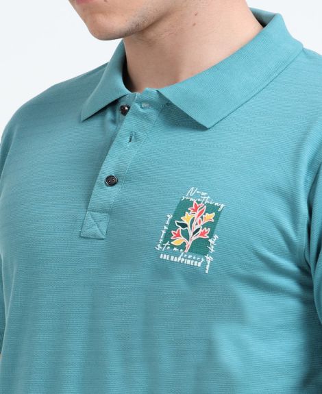 Stylesmyth Printed Chenille Knit Polo Half-Sleeve T-Shirt Seagreen