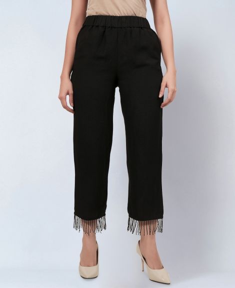 First Resort – Ramola Bachchan, Women Straight Fit Front-Flat Pants With Bead Lace