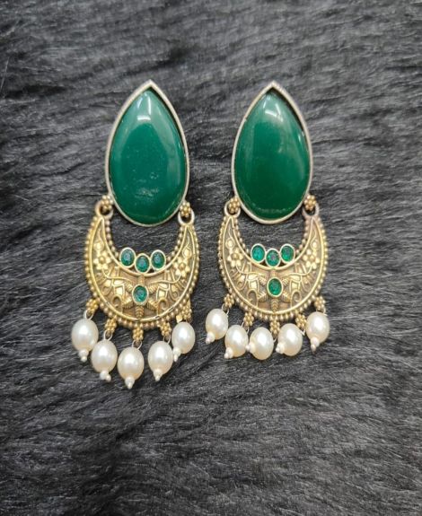 Brass Silver Oxidised Doul Tone Green Chand Earrings