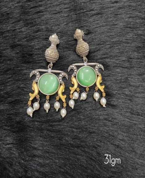 Brass Silver Oxidised Doul Tone Green Earrings