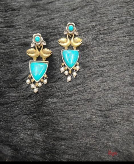 Brass Silver Oxidised Doul Tone Turq Swan Earrings