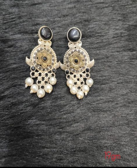 Brass Silver Oxidised Blacktone with moti Earrings
