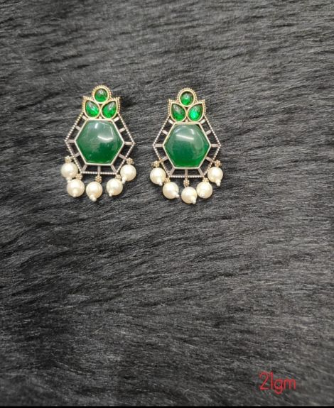 Brass Silver Oxidised Green stud Earrings