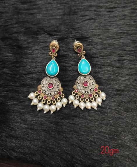 Brass Silver Oxidised Turq Multy Earrings