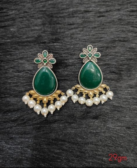 Brass Silver Oxidised Green Christa Earrings